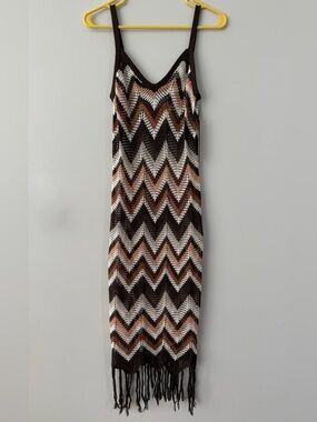 NWT Almost Famous Brown Crochet Chevron Knit Fringe Women's Maxi Dress Cover-Up